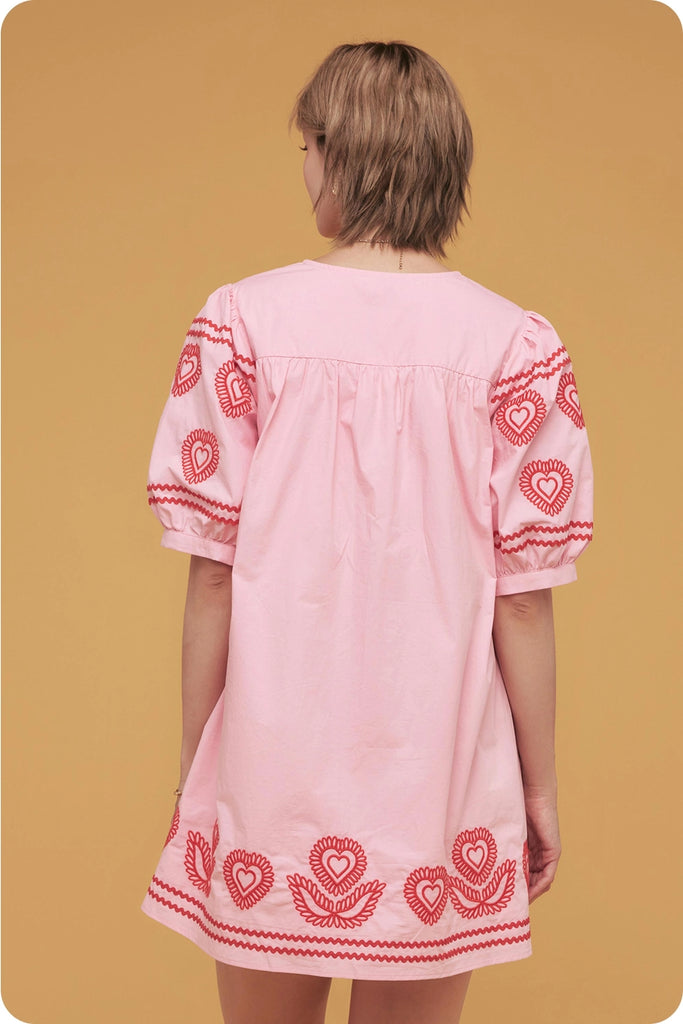 Heart Embroidery Mini Dress Pink & Red