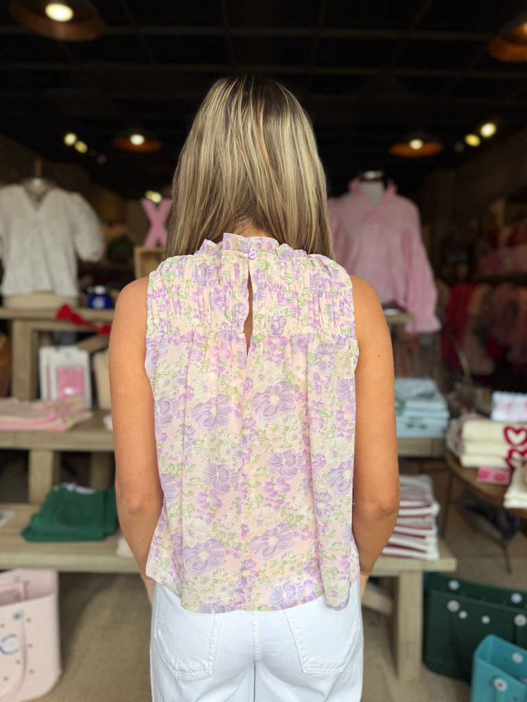 Floral Ruffle Neck Sleeveless Top