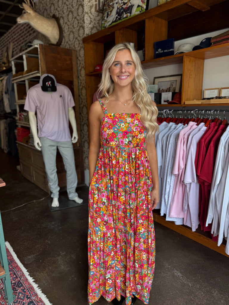 Magenta Floral Scoop Back Tier Maxi Dress