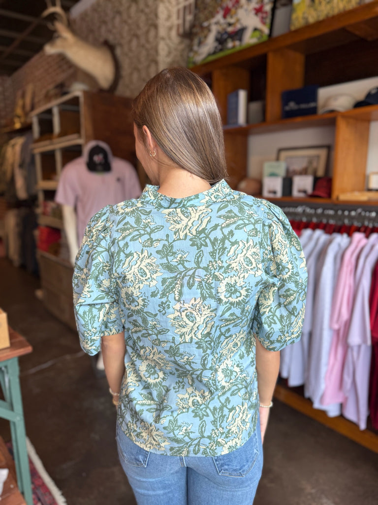 FINAL SALE - Blue V-Neck Print Top