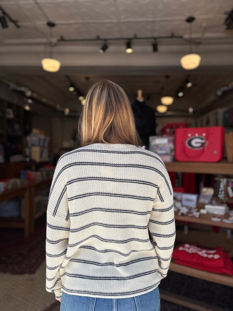 Ramie Knit Striped Sweater Top Navy