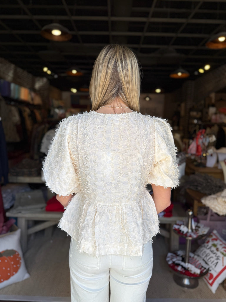Beige Puff Sleeve Textured Top