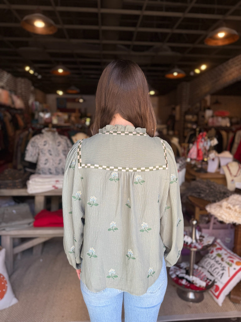 Olive Floral Embroidered Babydoll Top