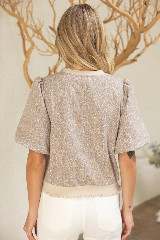 Taupe Ruffle Ribbed Knit Print Top