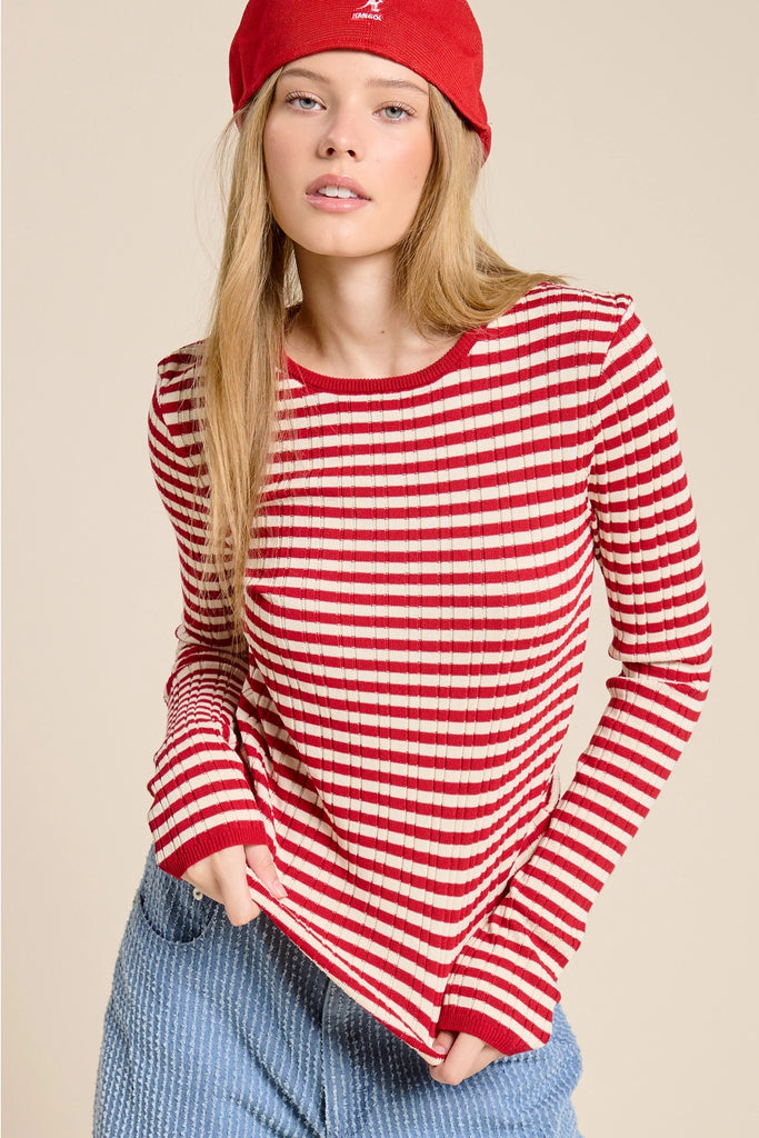 Ribbed Knit Striped Long Sleeve Top