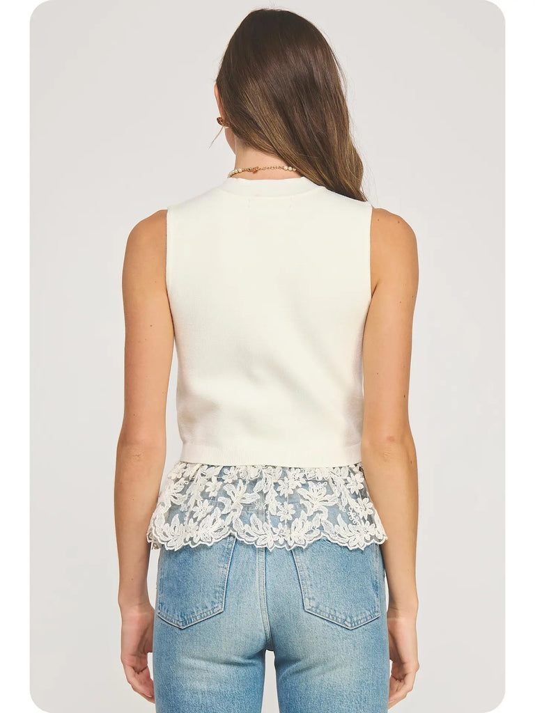 Ivory Lace Contrast High Neck Knit Top