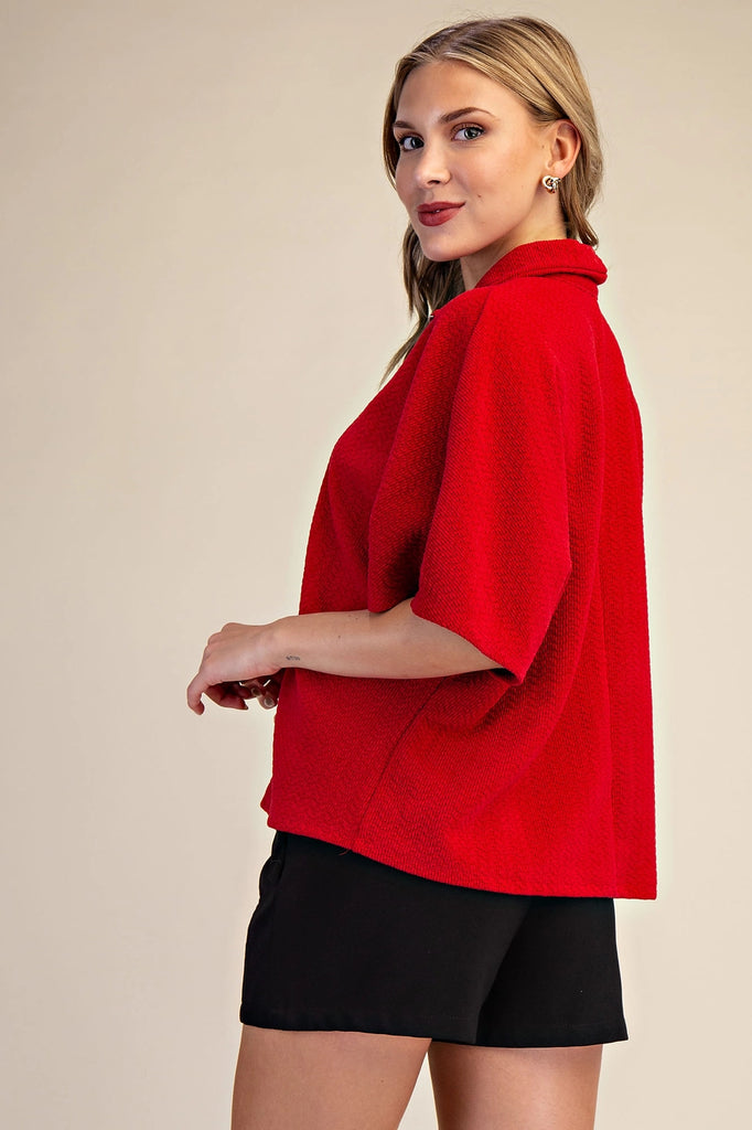Red Front Zip Pullover Top