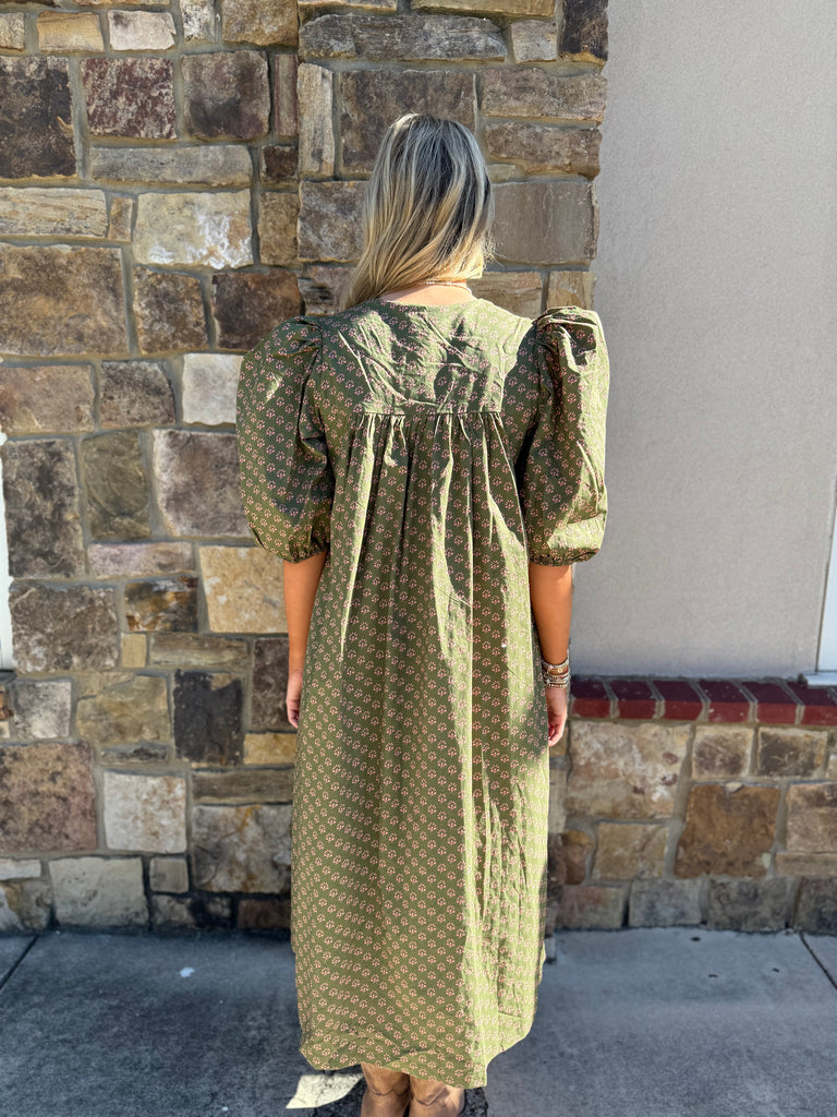 Olive Poplin Puff Sleeve Midi Dress