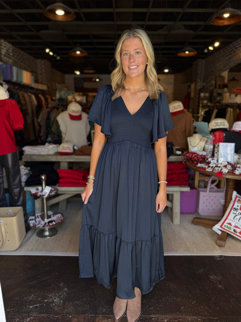 Smocked Washed Satin Midi Dress