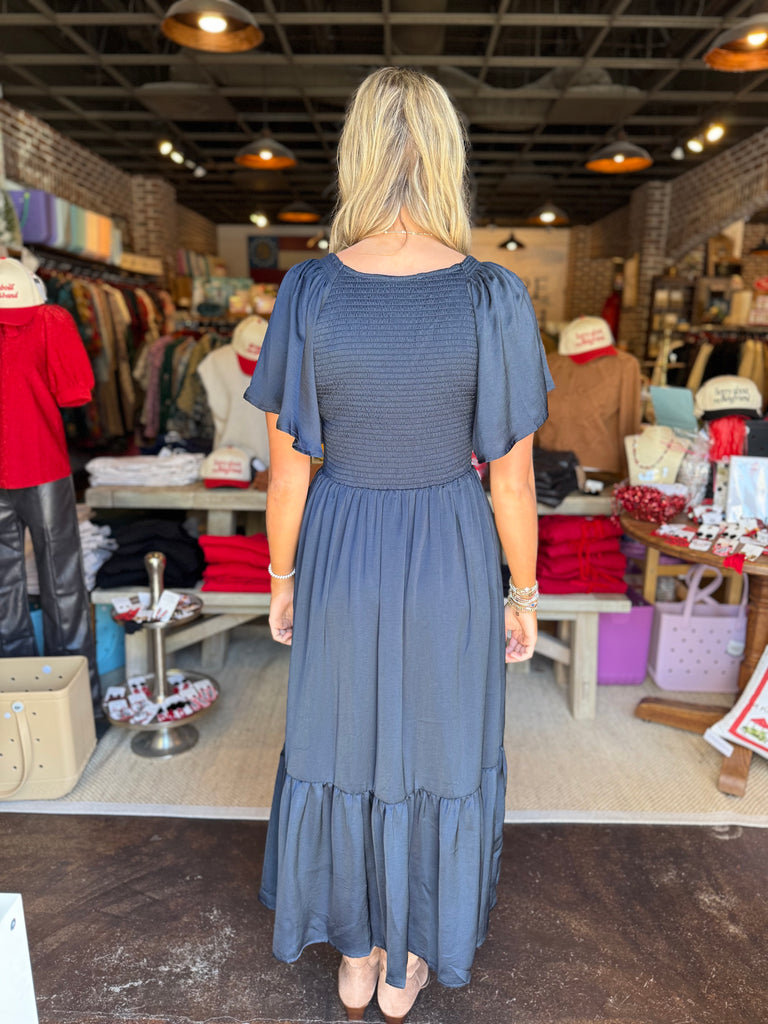 Smocked Washed Satin Midi Dress