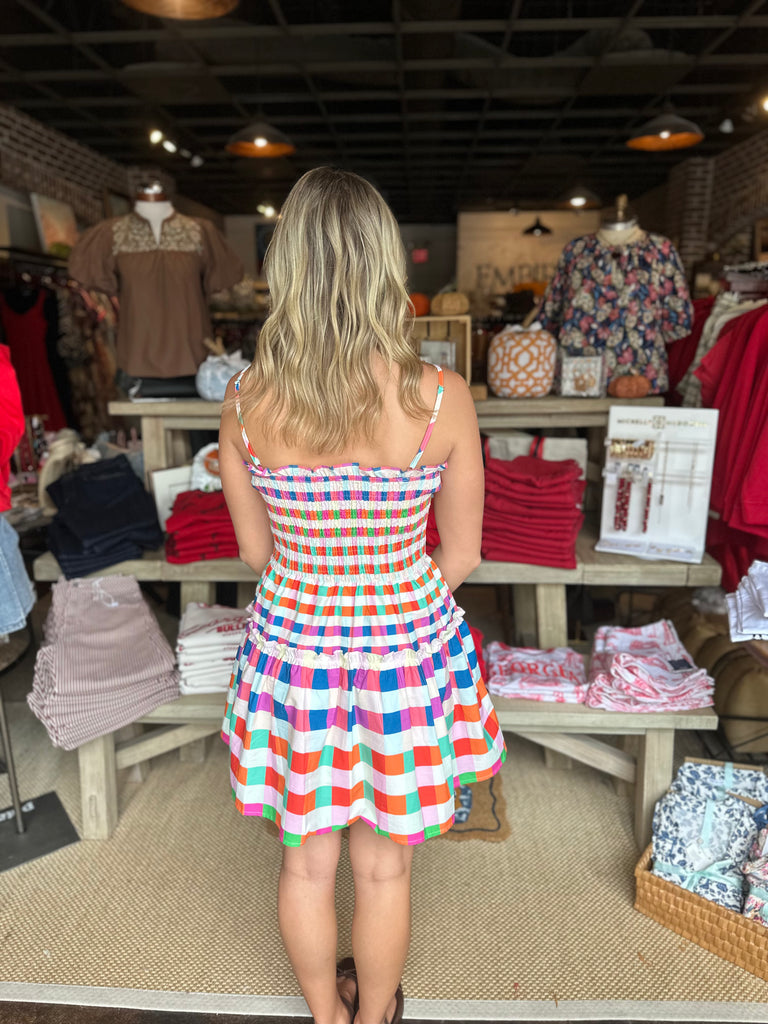 Multi Checkered Smocked Bodice Mini Dress