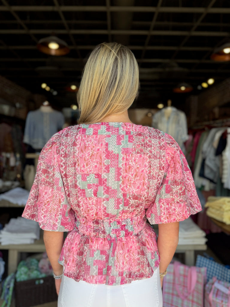 Floral Print Embroidered Eyelet Puff Sleeve Top Pink