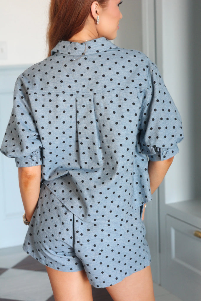 Denim Polka Dot Puff Sleeve Top