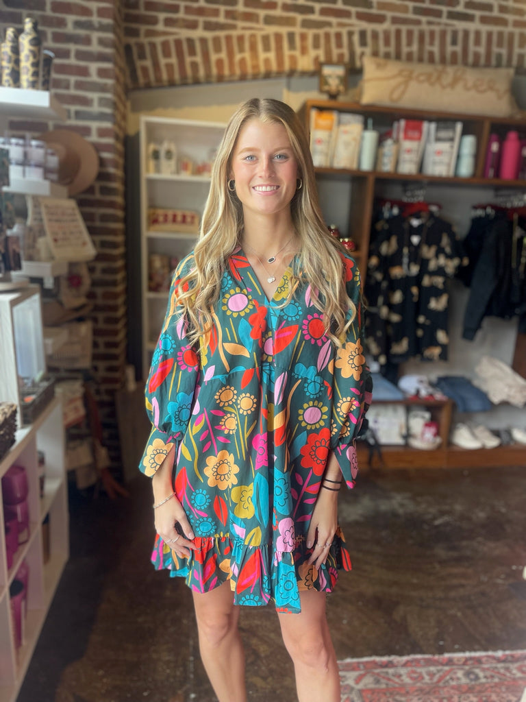 Retro Floral Garden Ruffle Sleeve V-Neck Dress