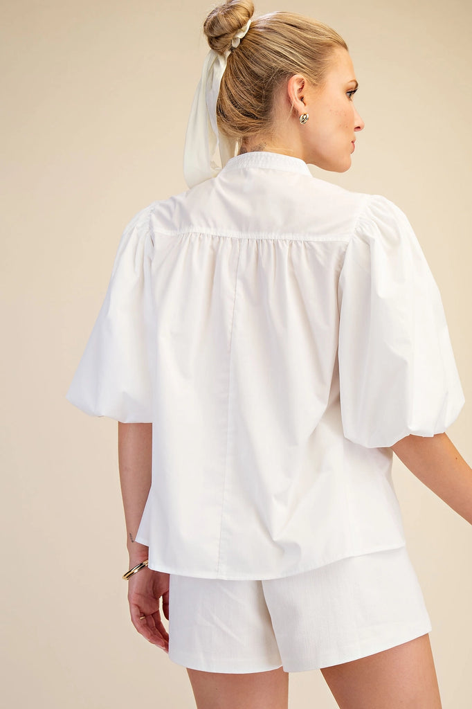 China Collar V-Neck Bubble Sleeve Poplin Top