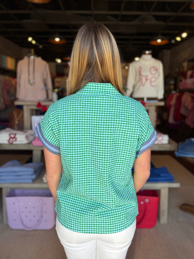 Green Short Sleeve Gingham Pattern Top