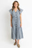 Blue Stripe V-Neck Button Maxi Dress