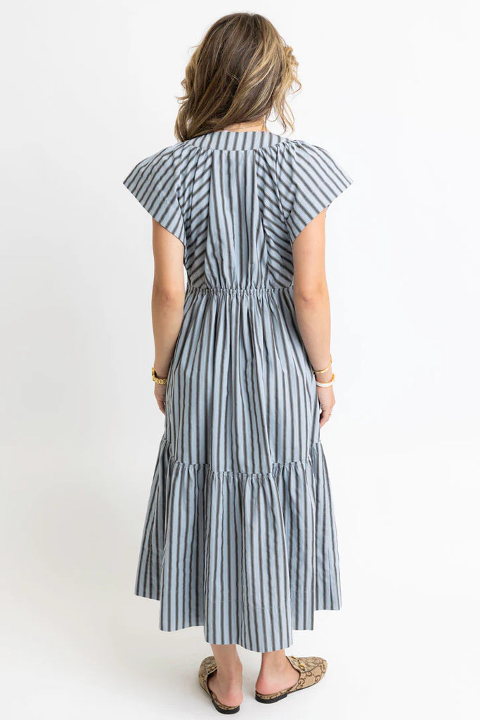 Blue Stripe V-Neck Button Maxi Dress