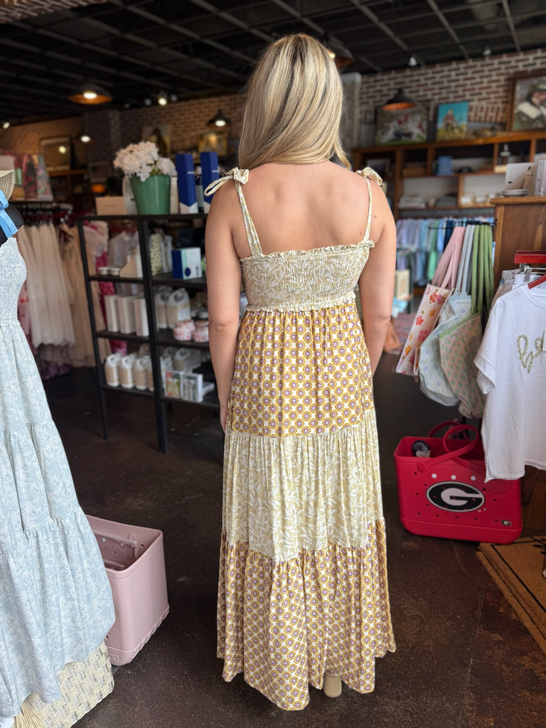 FINAL SALE - Beige Gold Patchwork Smocked Tiered Dress