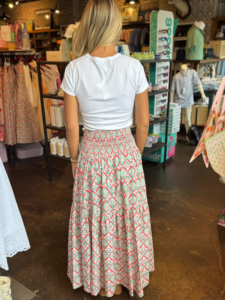 Green Paris Floral Smock Tier Maxi Skirt