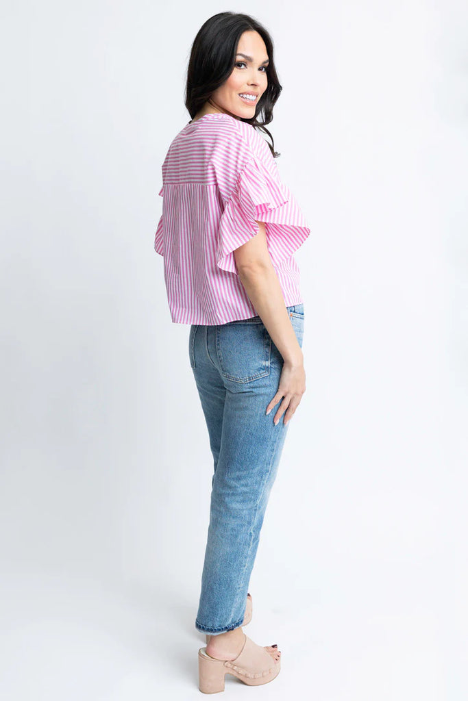 Pink Stripe Poplin Ruffle Sleeve Top