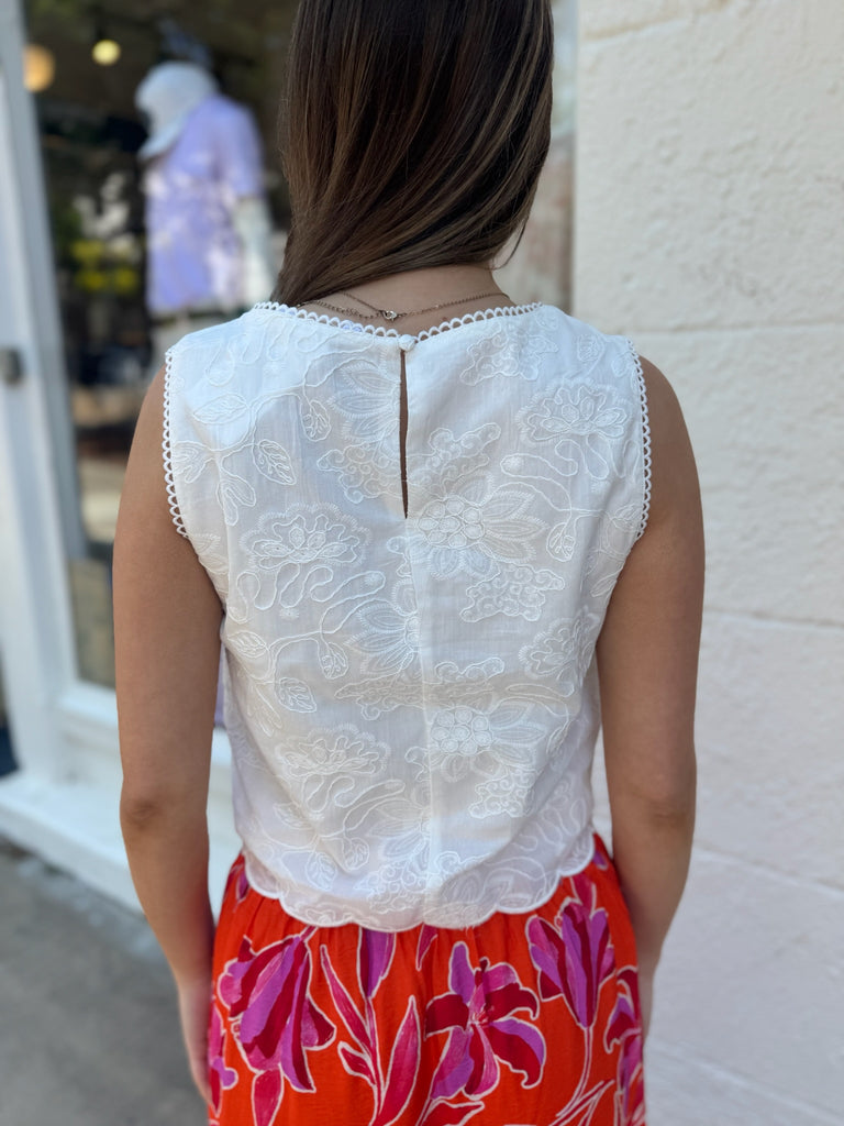 White Floral Embroidered Detail Scalloped Tank