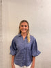 Blue Stripe Puff Sleeve Button Up Top