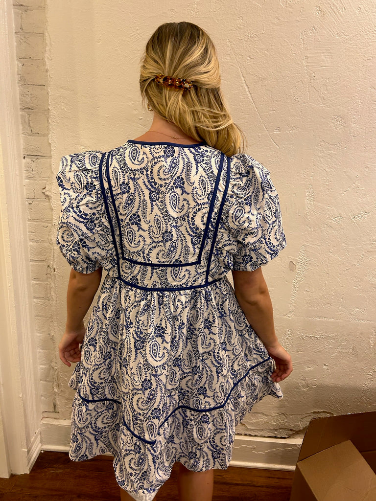 Blue & White Puff Sleeve Babydoll Dress
