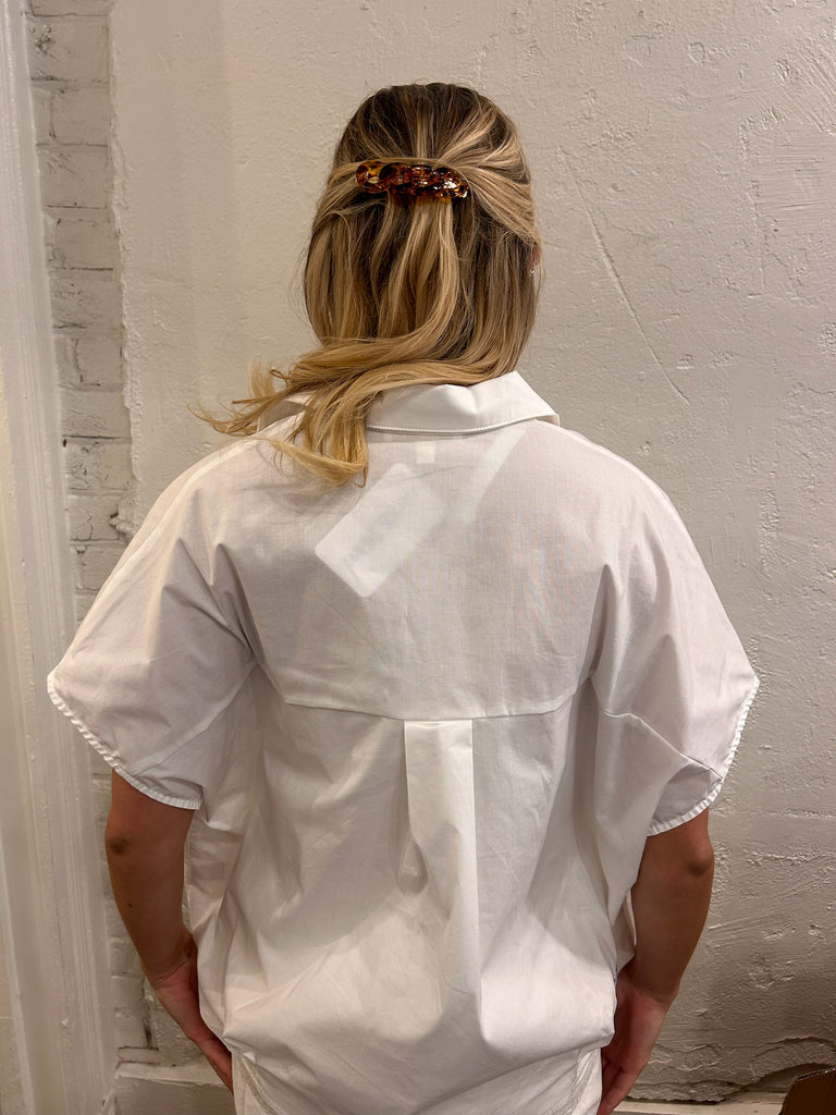 White Solid Poplin Collar V-Neck Top