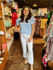 Blue Shirring Sleeve Knit Top