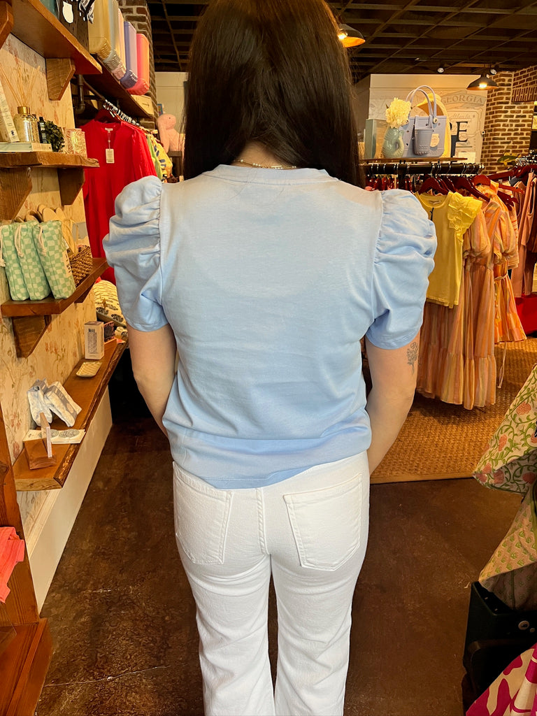 Blue Shirring Sleeve Knit Top