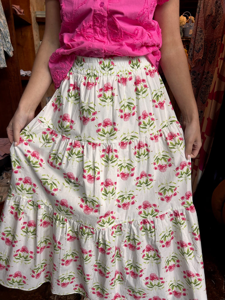 Floral High Waist Tiered Midi Skirt
