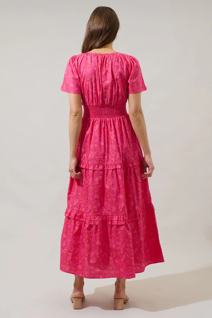 Magenta Cerise Floral Palmer Poplin Tiered Maxi Dress