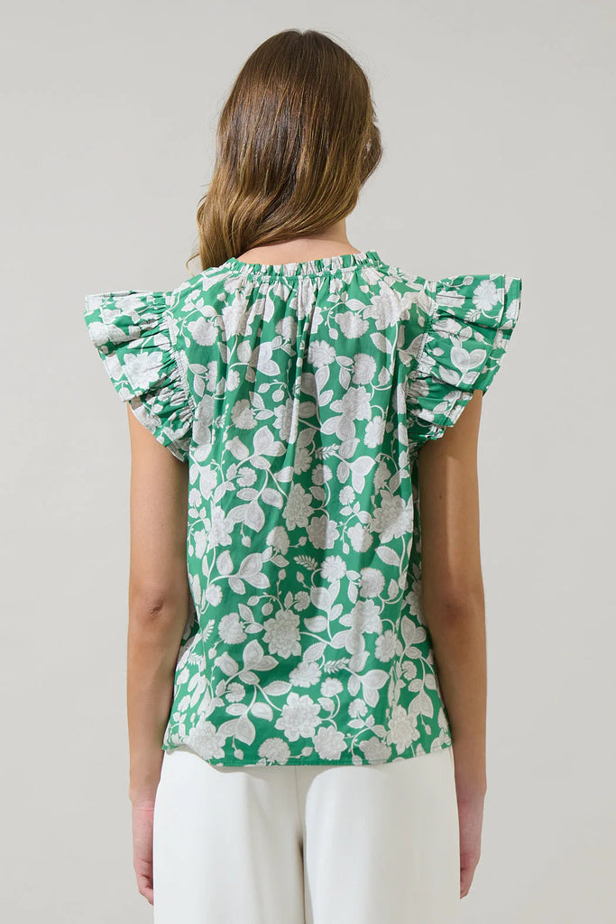 Baxley Floral Risette Ruffle Split Neck Top