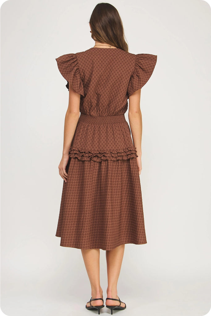 Chocolate Textured Ruffle Midi Dress