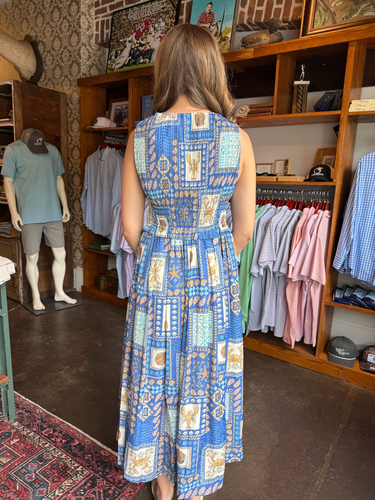 FINAL SALE - Coastal Tile Print Pleated Midi Dress