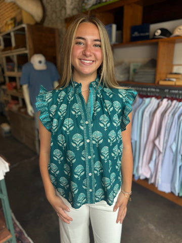 Periwinkle Floral French Vine Button-Up Top With Ruffle Slv