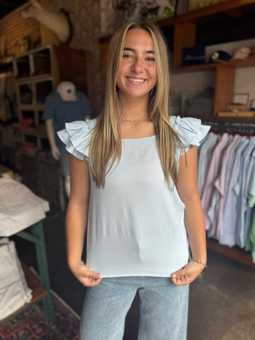 Periwinkle Floral French Vine Button-Up Top With Ruffle Slv