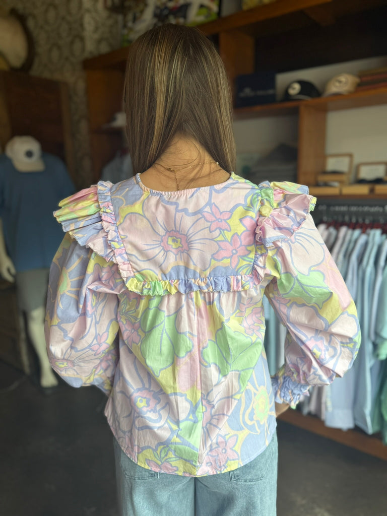 Pastel Floral Poplin V-Neck Ruffle Top