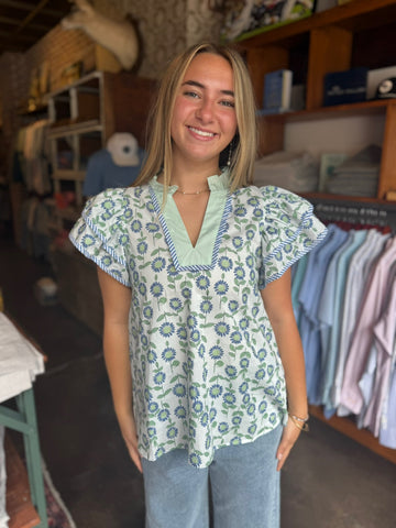 Periwinkle Floral French Vine Button-Up Top With Ruffle Slv