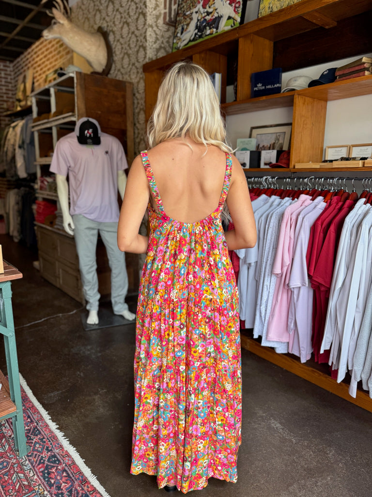 Magenta Floral Scoop Back Tier Maxi Dress