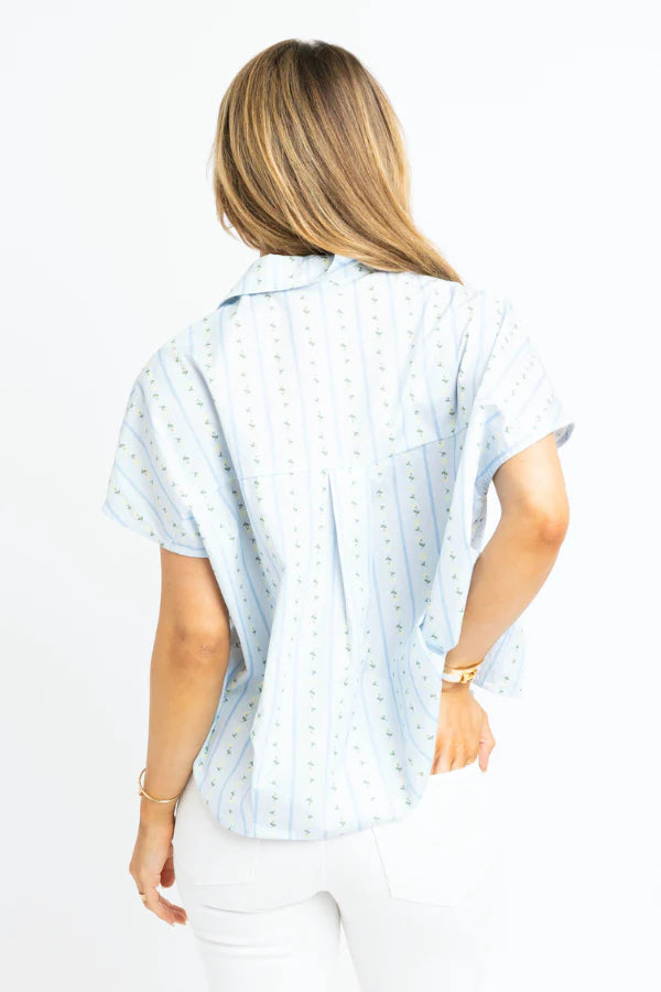 Blue Floral Stripe V-Neck Collar Top