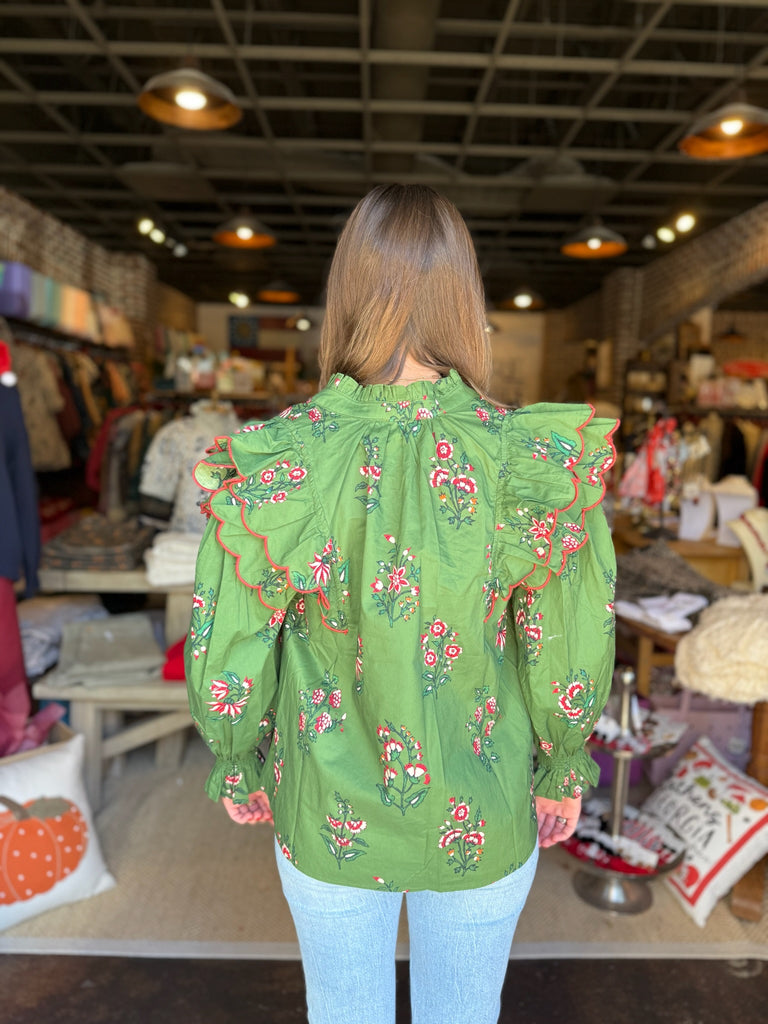 Olive Floral Detail Ruffle Sleeve Top