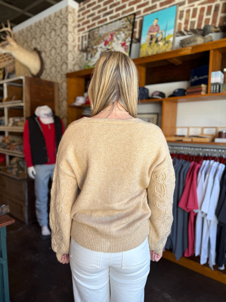 Tan Floral Embroidered Knit Cardigan