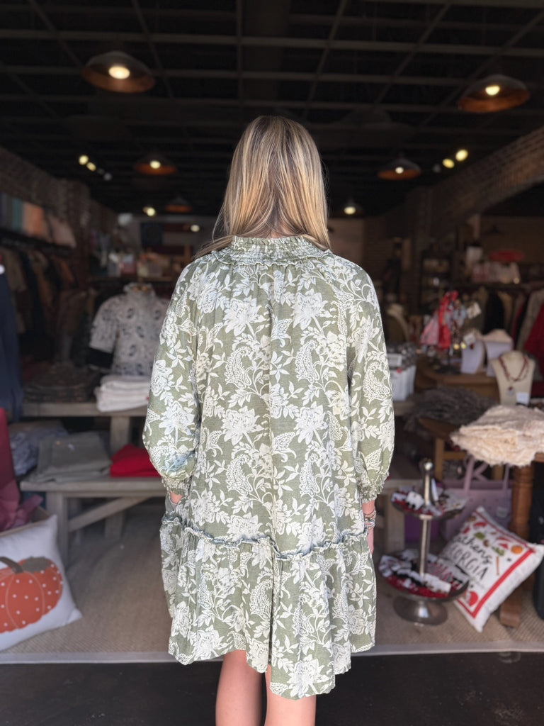 Olive Floral Jacquard Smocked Mini Dress