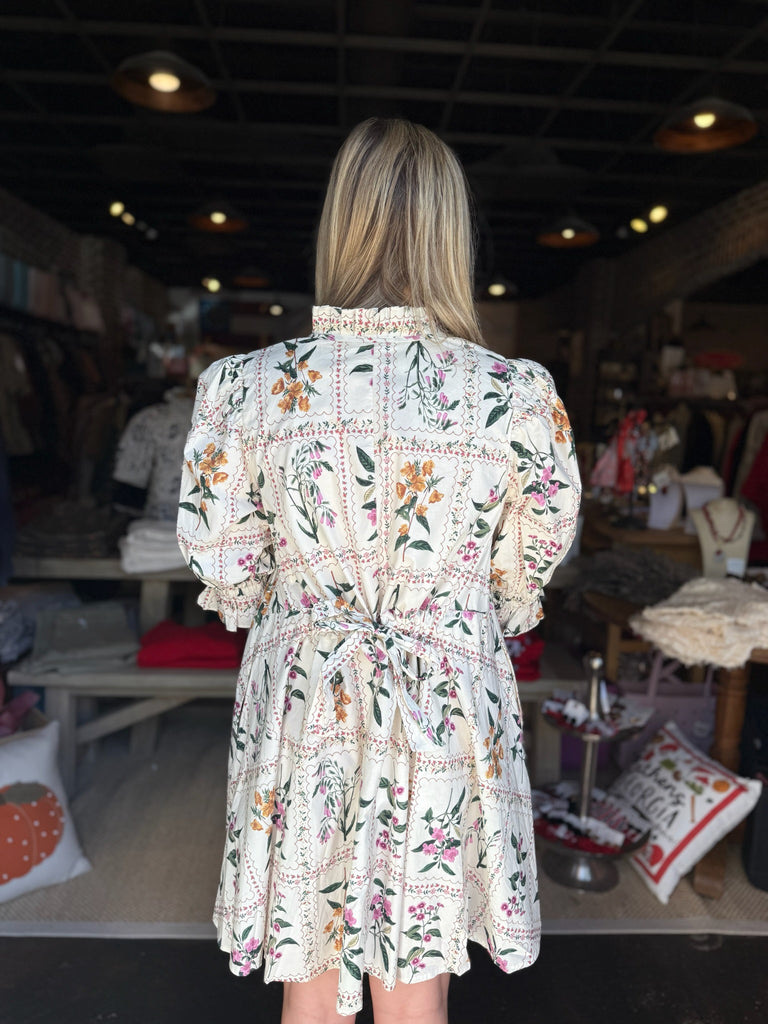 Ecru Floral Ruffle Puff Sleeve Mini Dress