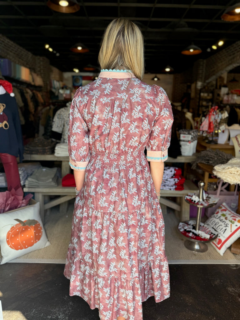 Mauve Floral Scallop Midi Dress