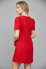 Red Scallop Edge Detail Short Puff Sleeve Tweed Dress