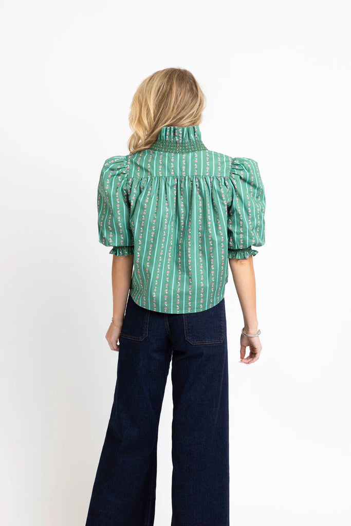 Green Floral Ditzy Stripe Ruffle Top