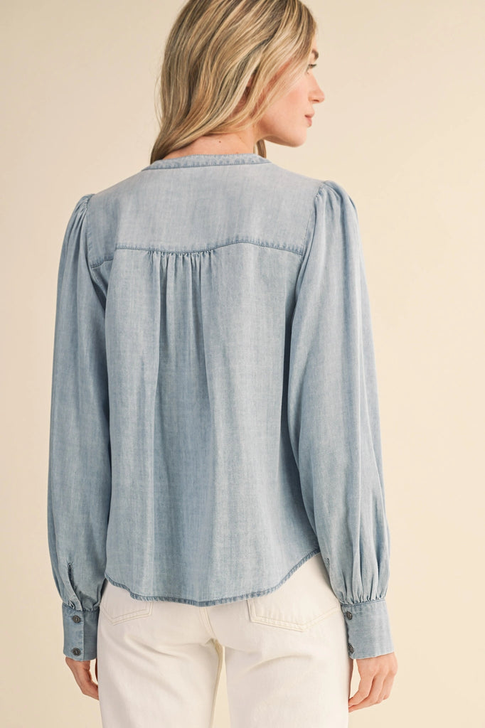 Chambray Denim Pintuck Detail Top